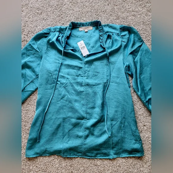 LOFT Ruffle Tie Neck Mixed Media Blouse Small - Picture 3 of 4